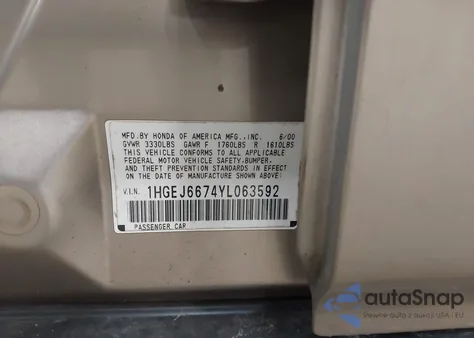 2000 Honda Civic Lx from USA, damaged, VIN 1HGEJ6674YL063592